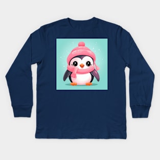 Cute Penguin Wearing A Pink Beanie Kids Long Sleeve T-Shirt